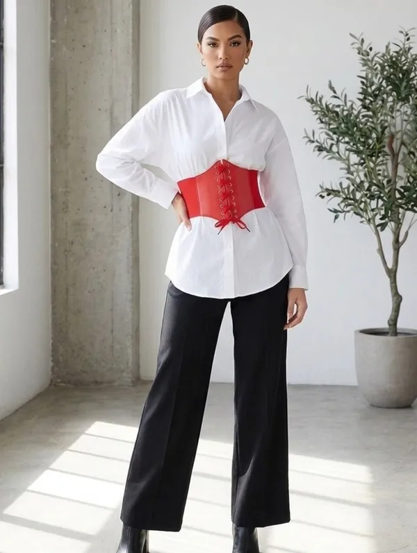 Corset Style Wide Girdle‎ Red Fashion Elastic Faux Leather Skinny Elastic Waist - Image 6