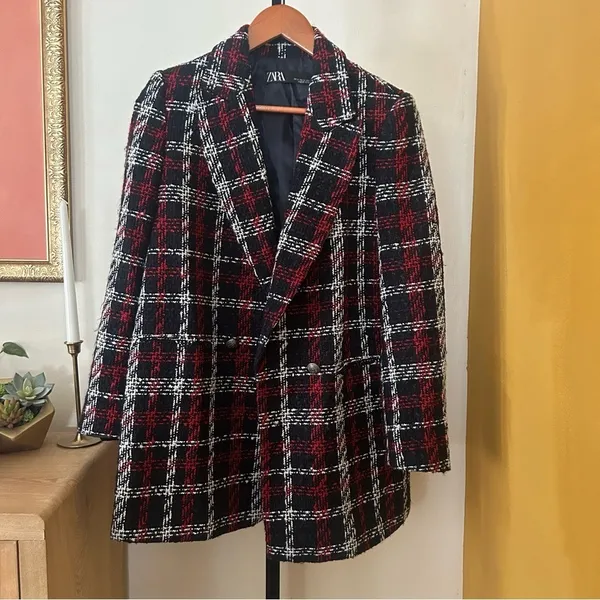 Zara Tweed Double Breasted Blazer Oversized Plaid Red Black Suit‎ Jacket Size XS - Image 3