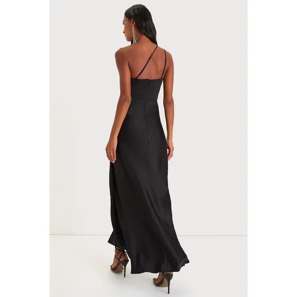 NWT Lulus Signature Elegance Black Satin One-Shoulder Maxi Dress Gala Banquet M - Image 4