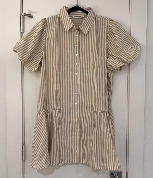 In the Beginning Tan and White Stripped Mini Cotton Dress Marissa Button Down - Image 3
