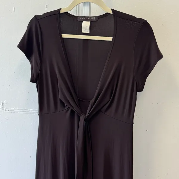Y2K Anne Klein New York Brown V-Neck Front Tie Short Sleeve Dress Medium 2010s - Image 3