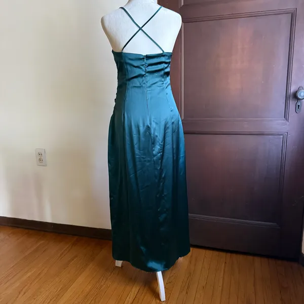 ZARA Emerald Green Satin Cowl Neck Midi Dress with Chain Detail Small - Image 5