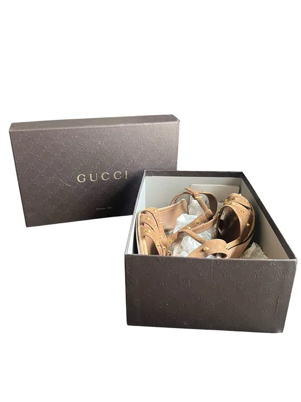 Gucci Women’s Jacquelyne Brown Suede Gold Studded Cork Block Heels Size 39 - Image 11