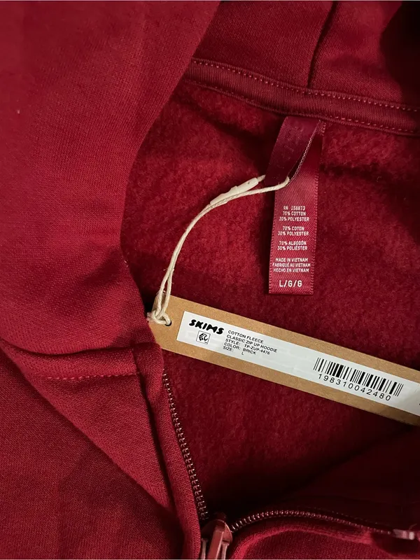 Skims Cotton Fleece Classic Zip Up Brick Red Hoodie Size L NWT - Image 5