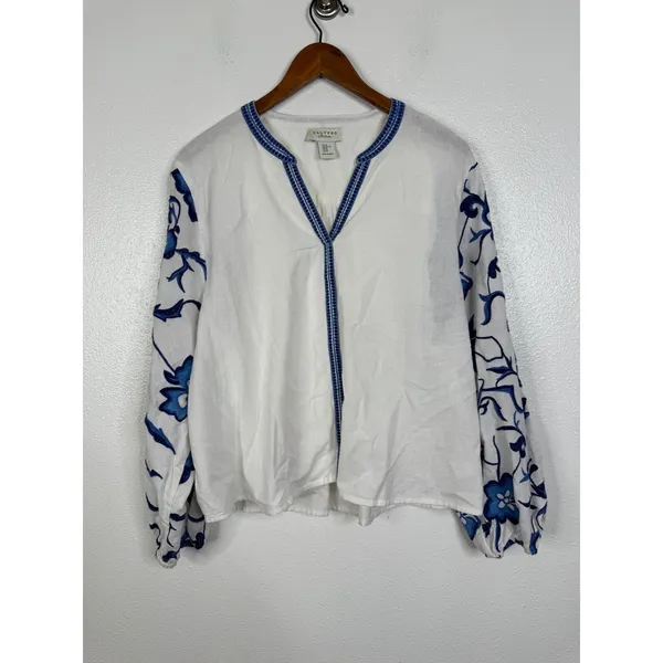 Calypso St Barth Blue Floral Embroidered Linen Blend V-Neck Blouse XL White - Image 2