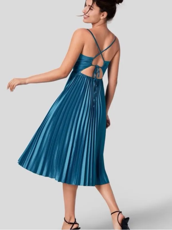 Halara Blue Silky Satin Wrap Front Pleated Skirt Midi Dress NWOT M - Image 5