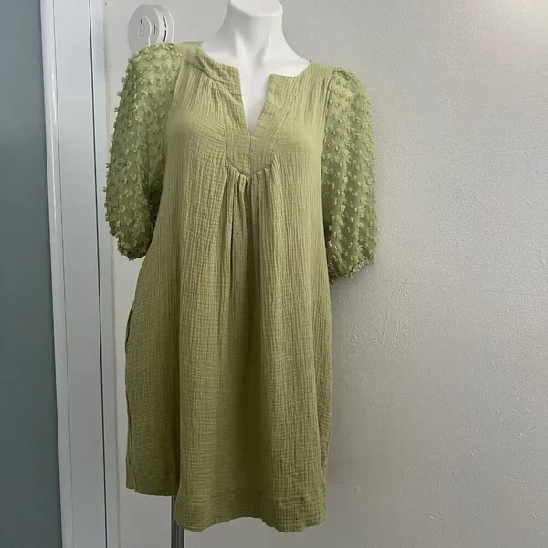NEW Umgee Olive Green Swiss Dot Mini Dress Puff Sleeve MEDIUM Boho - Image 11