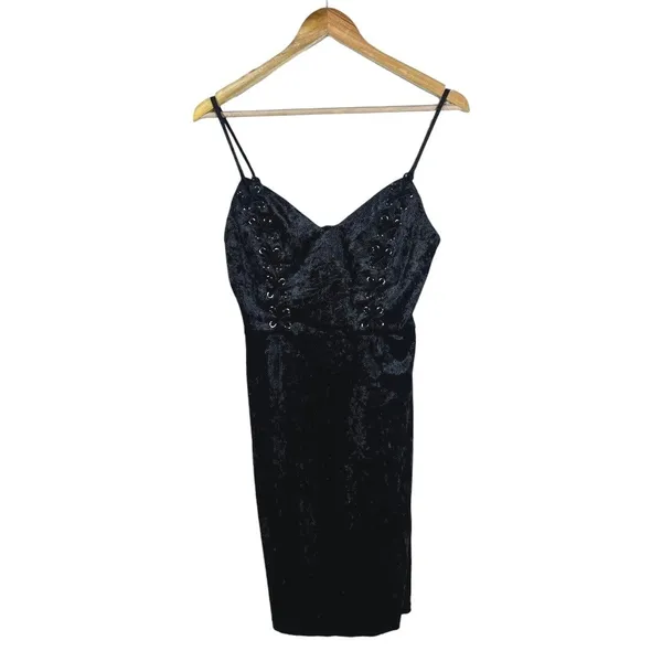 GUESS Lace Up Crushed Velvet Bodycon Mini Dress Black Gothic Grunge Size XS - Image 2