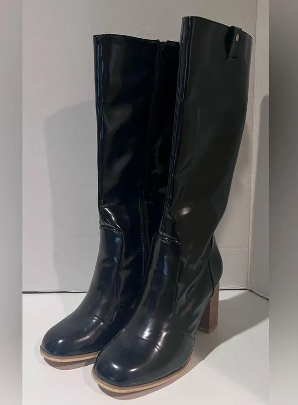 Leila Stone Vegan Black Patent Leather Cynira Knee-High Boots Block Heel Size 10 - Image 6