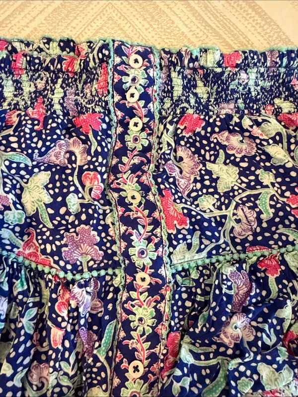 Poupette St Barth Navy Floral Ruffle Mini Skirt Small Medium Mini Pom Poms - Image 3