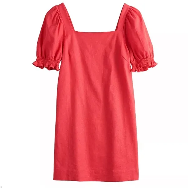 Draper James RSVP Squareneck‎ Puff Sleeve Linen Blend Dress in Red Size Small - Image 6