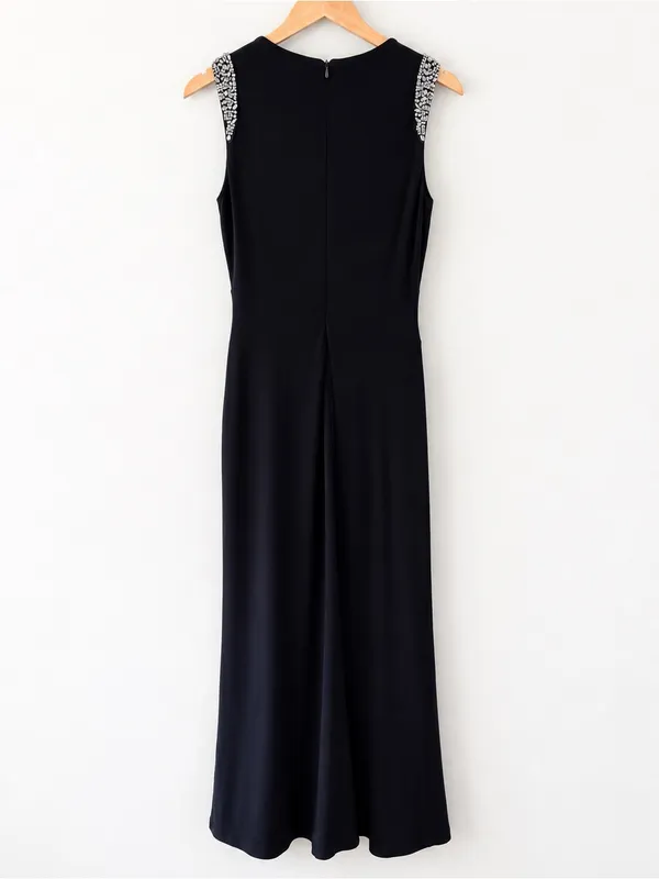 Lauren Ralph Lauren Navy Embellished Ruched Maxi Dress Sleeveless Gown 10 - Image 2