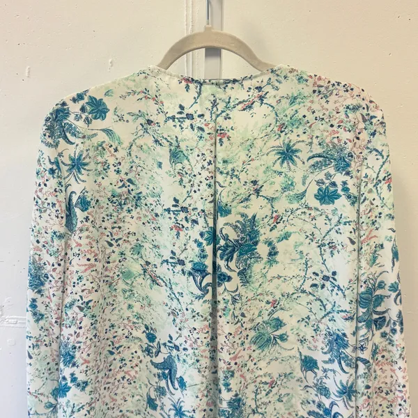 Tahari Cottagecore Floral Paisley Lace Up Tassel Blouse Blue Teal White Boho - Image 5