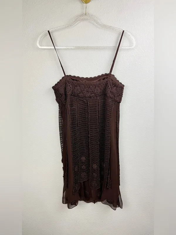 Sue Wong Y2K Chocolate Silk Crochet Panel’s Floral Appliqué Mini Dress Size 6P - Image 3