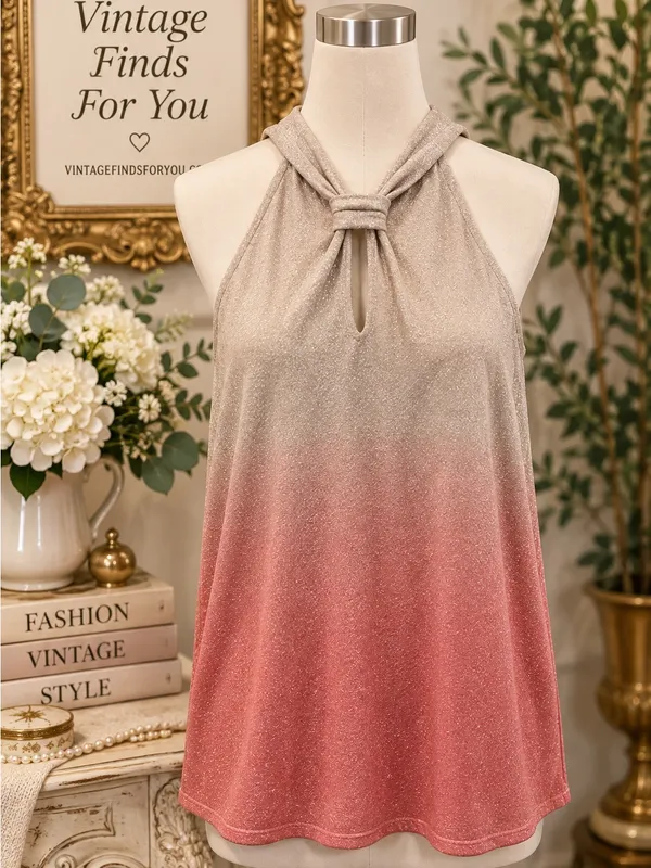 White House Black Market XL Tea Rose Ombré Metallic Shimmer Halter Top NWT - Image 2