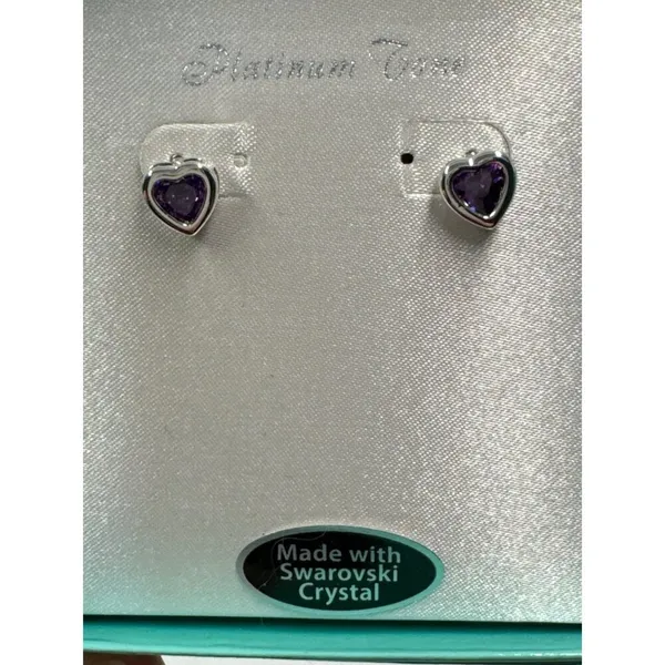 Heart Stud Earrings Swarovski Crystal Purple Platinum Tone Boxed Gift Jewelry - Image 4