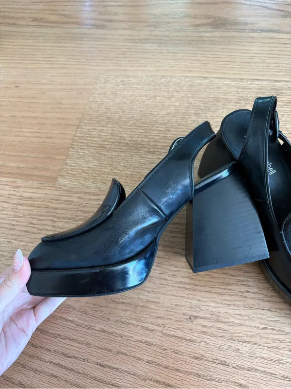 Jeffrey Campbell Black Leather Square-Toe Slingback heeled Loafers - Image 2