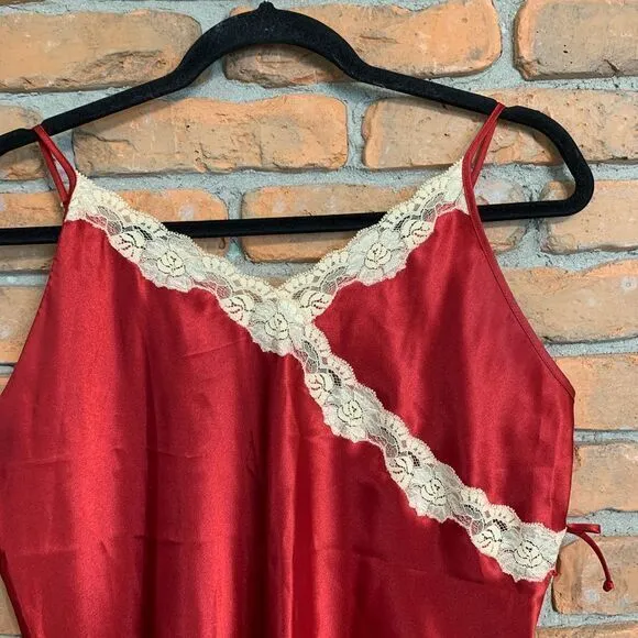 Soft Sensations Women's Lace Trim Satin‎ V-Neck Mini Slip Lingerie Dress Red - M - Image 2
