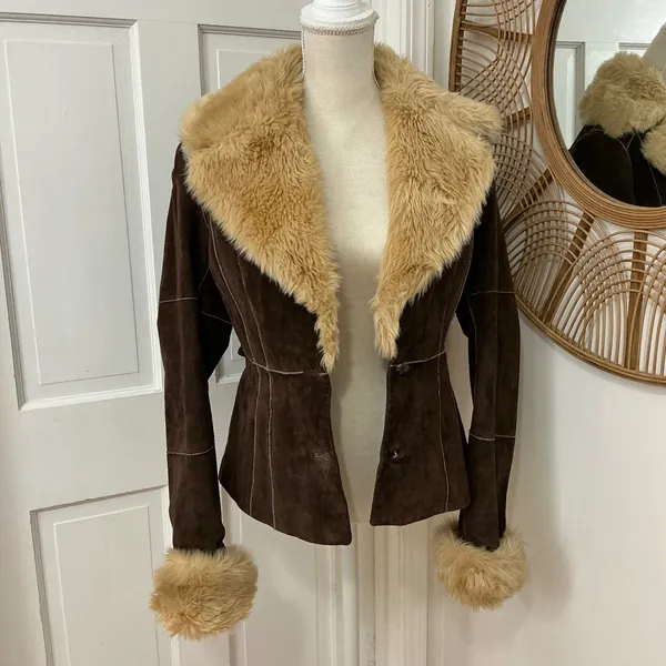 Y2K Wilsons Penny Lane Suede Leather Jacket M Chocolate Brown Afghan Western VTG - Image 2