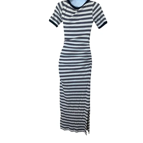 Ganni Blue White Striped T-Shirt Dress SMALL Ruched Knit Designer $325 Flaw - Image 7
