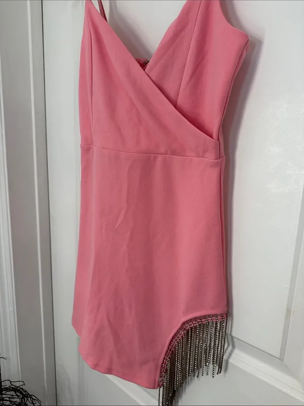 Windsor Pink Rhinestone Fringe Wrap Mini Dress - Image 5