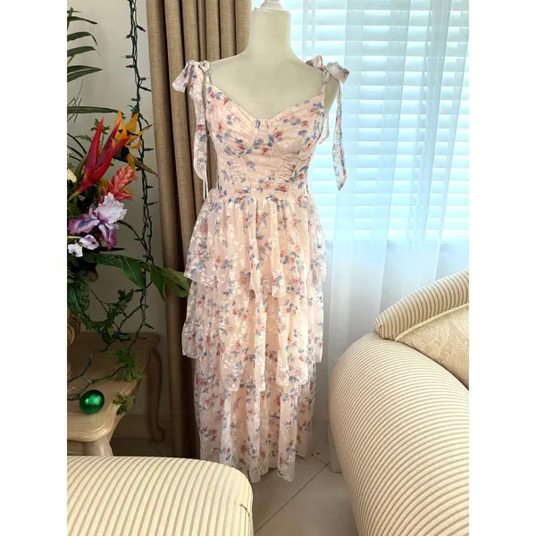 Lulus Flirtatious Radiance Blush Pink Floral Mesh Bustier Midi Dress - Image 4