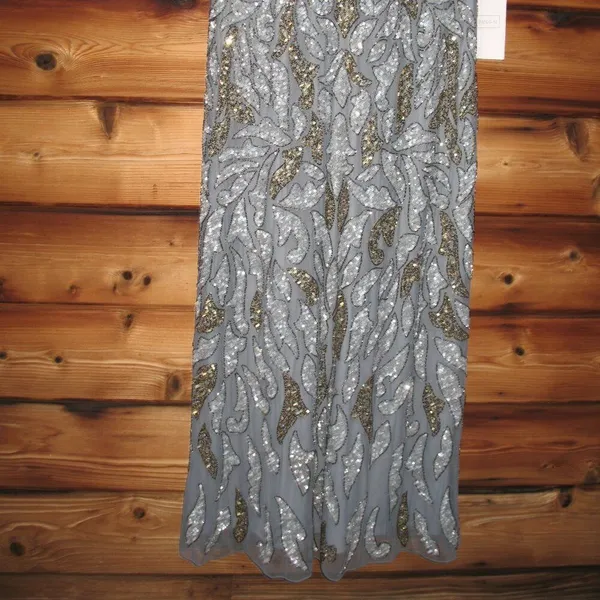 Mac Duggal 6 Silver Gray Gold Beaded Illusion Cap Sleeve Column Gown Maxi Dress - Image 12