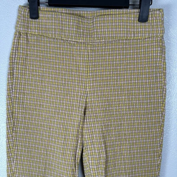 Free People Cotton Linen Blend Pull On Straight Leg Pants Womens XS Yellow Plaid - Image 2