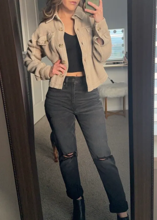 Bagatelle Beige Waffle Knit Cropped Shacket - Image 6