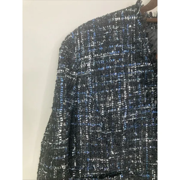 Bagatelle collection Women’s Tweed Blazer New L Blue Black Fringe Pockets - Image 2