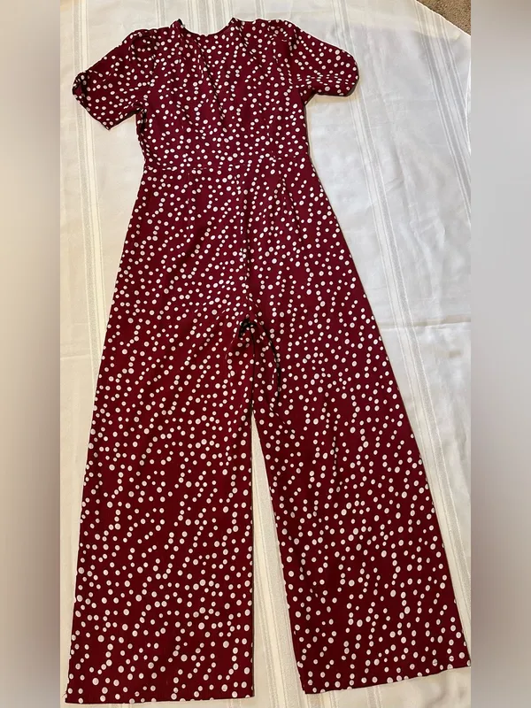 Hayden Los Angeles V-Neck Burgundy Polka Dot Button-Front Jumpsuit - Image 5