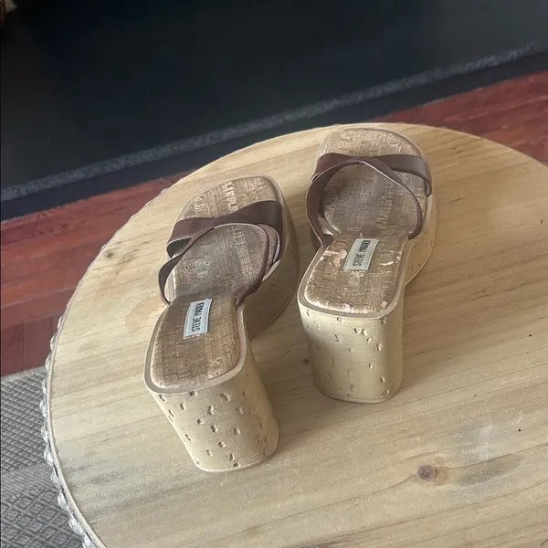 Steve Madden Colins Brown Leather Wooden Platform Wedge Sandals Size 7.5 - Image 8