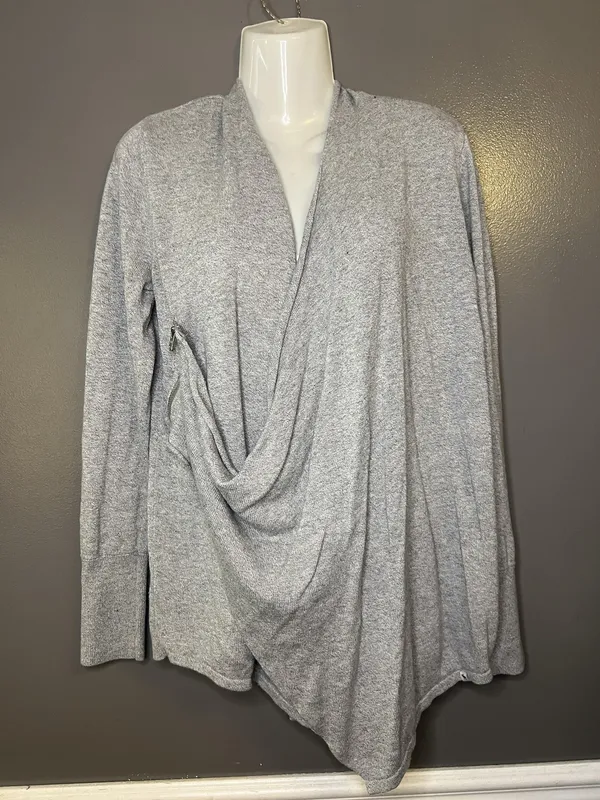 Abercrombie & Fitch Cardigan Sweater Womens Medium Gray Drape Front Zip Asym Hem - Image 2