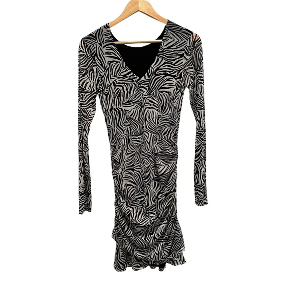Sanctuary Lets Party Mesh Dress Zebra Print Ruched Long Sleeve Medium NWT Mini‎ - Image 2