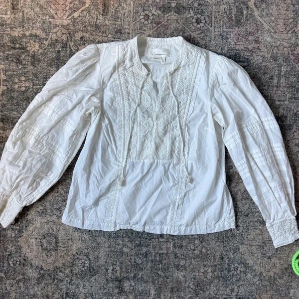 Anthropologie Delilah White Lace Embroidered Puff Sleeve Peasant Blouse Top US 0 - Image 7