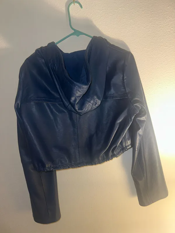 BCBGMAXAZRIA Blue Cropped Hooded Leather Jacket XS - Image 4