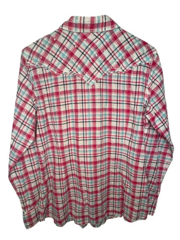 Ariat Fitted Pink White And Blue Fitted Plaid Western Snap Shirt W/Rhinestones - Image 5