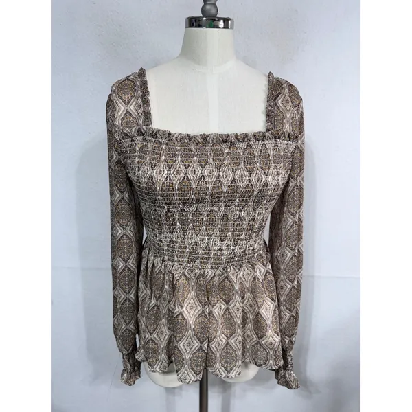 Women's Loom Smocked Peplum Blouse Boho Romantic Long‎ Sleeve Size S New - Image 8