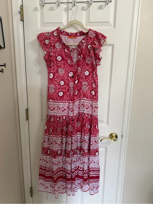 Oliphant Tuckernuck Jaipur Pink Rose Ruffle Bohemian Boho Maxi Dress Flowy - Image 8
