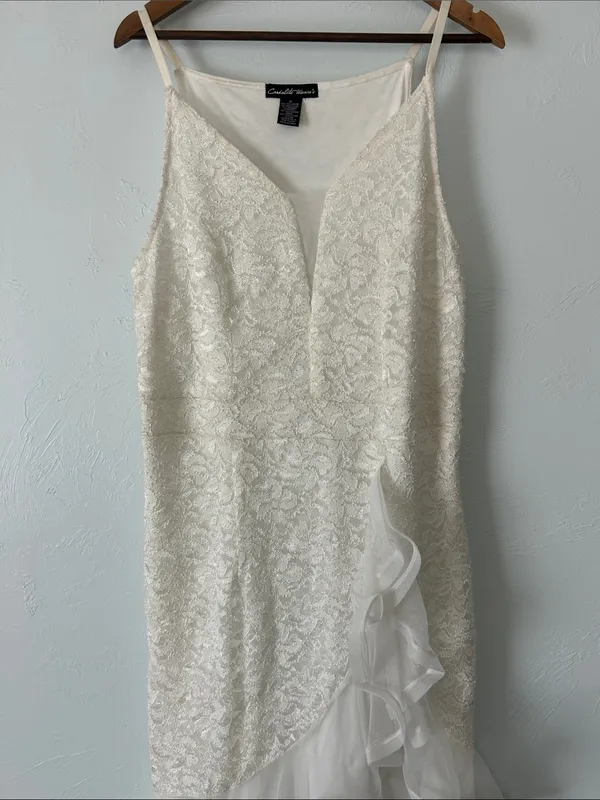 Sequin Cream Lace Slip Maxi Dress with teired Ruffle Tulle Hem - Image 3