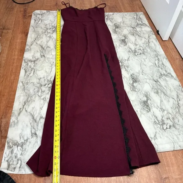 Wayf The Mia Lace Trim Front Slit Gown In Cabernet red burgundy black size XS - Image 11