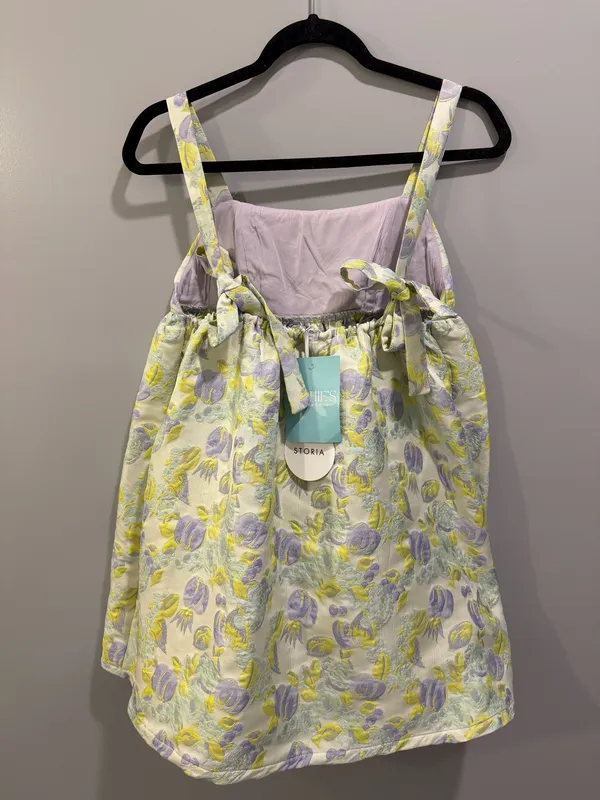Storia Brocade Print Floral / Leaf Detail Ribbon Strap A-Line Babydoll Dress - Image 5