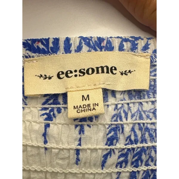 ee:some Blue White Botanical Fern Print Tiered Ruffle Maxi Skirt Dress‎ Smocked - Image 7