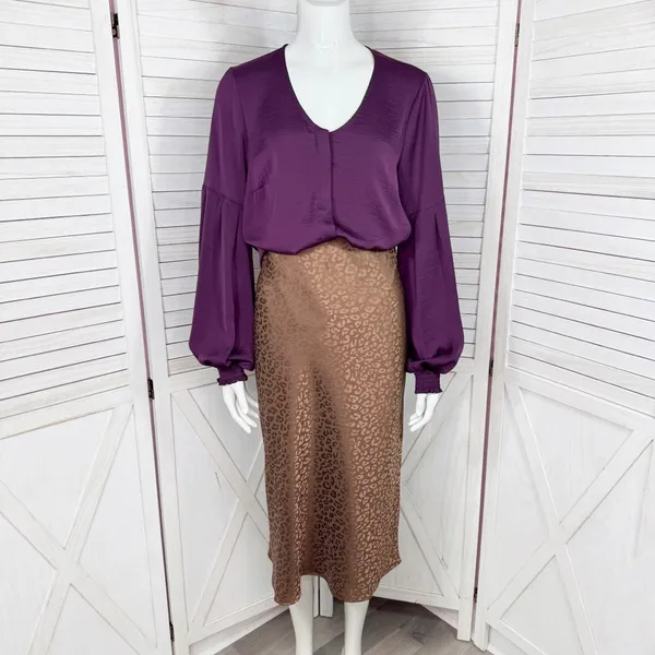 Mi Ami Francesca’s Satin Animal Print High Waist Midi Slip Skirt‎ Brown Small - Image 2