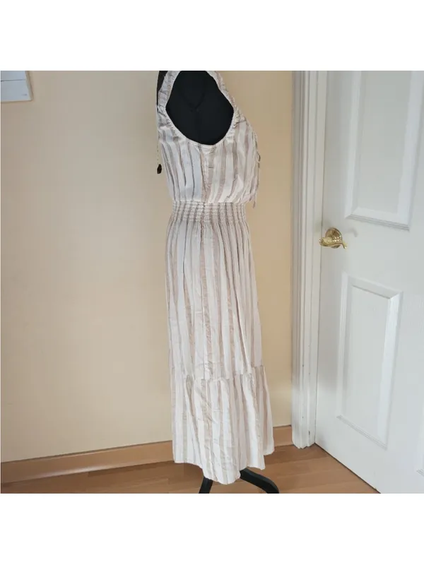 Lulu's Cream and Beige Striped Tie-Front Midi Dress size M - Image 4