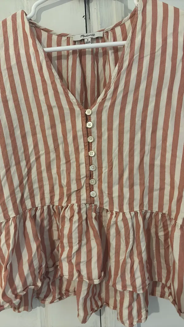 Madewell Blouse Pink Striped White Ruffle Bottom Medium - Image 5
