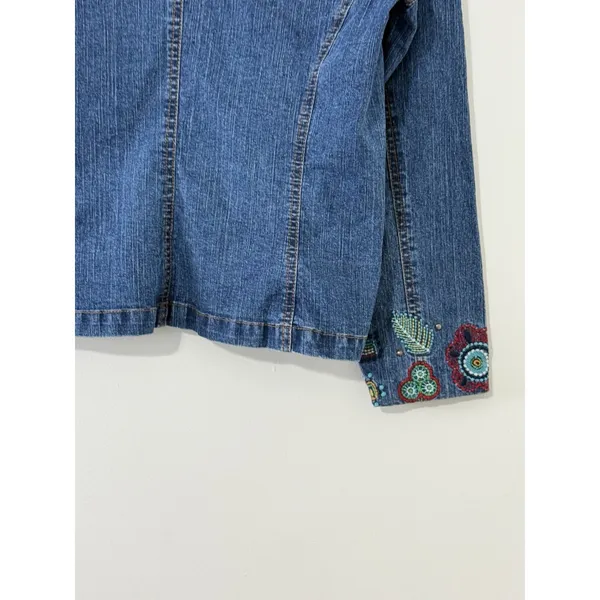 Women’s Aztec Embroidered Denim Jacket Boho Western Floral Pocket Size S - Image 9