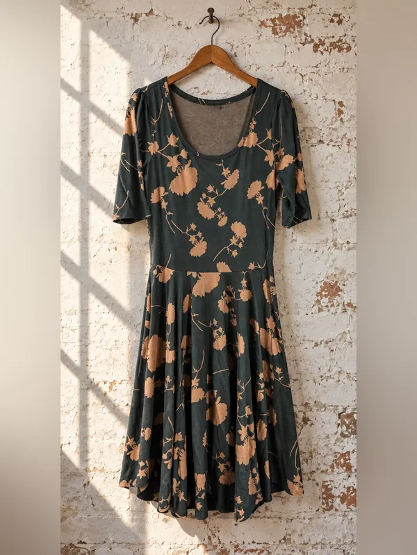 LuLaRoe Nicole Floral Fit Flare Dress XL Black Gold Tan Scoop Neck Skater Midi - Image 2