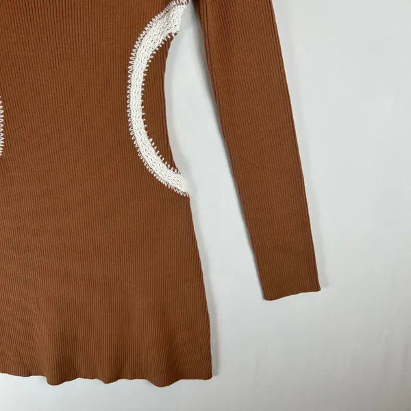 Mon Renn Brown Ribbed‎ Knit Mini Dress Long Sleeve Crochet Trim Detail Small - Image 6