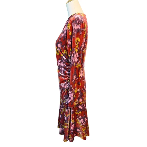 London Times Size 6 Rust Floral Velvet Asymmetric Neck Long Sleeve Flounce Dress - Image 5